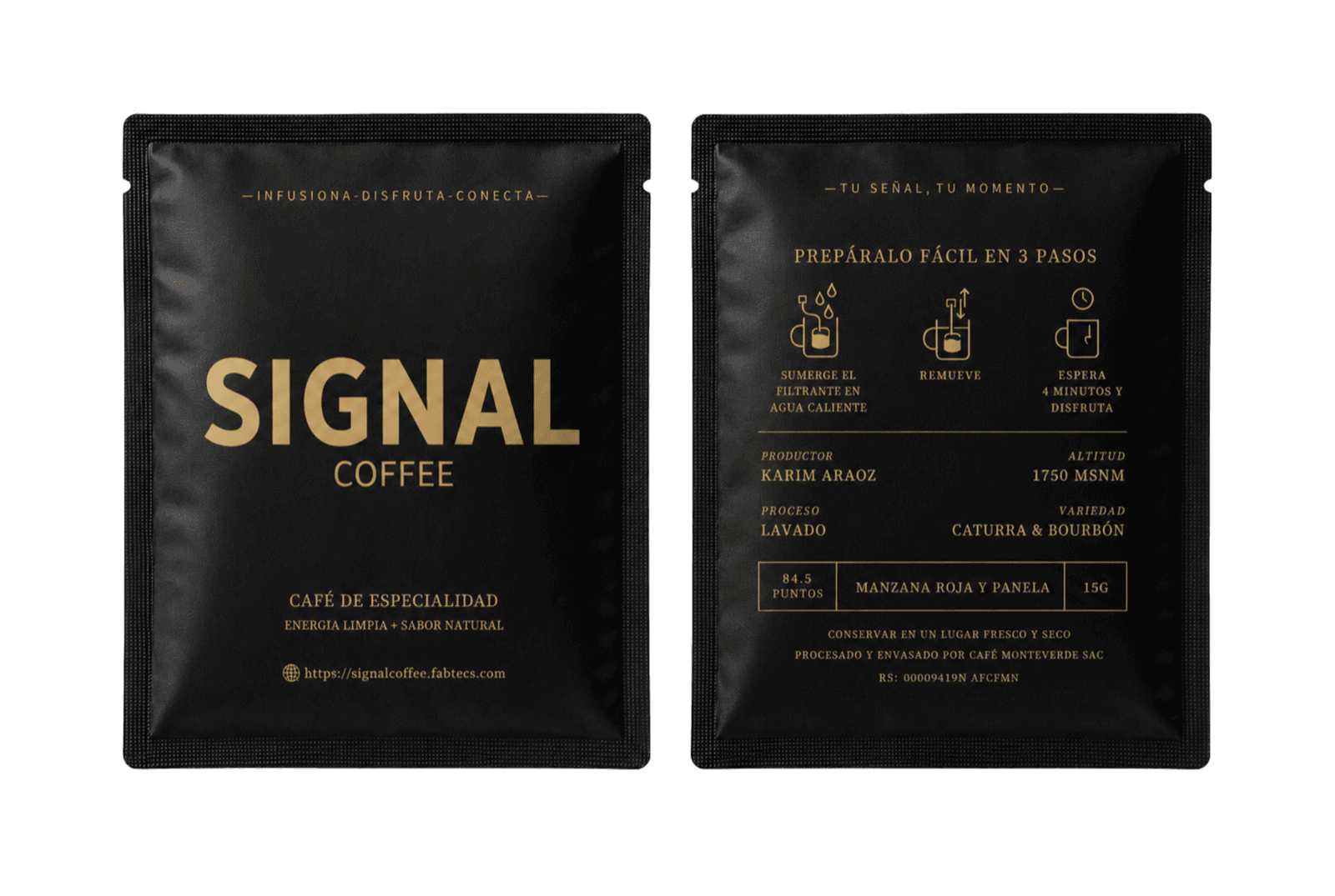 Sobre de Signal Coffee: cara frontal y posterior con la ficha del café